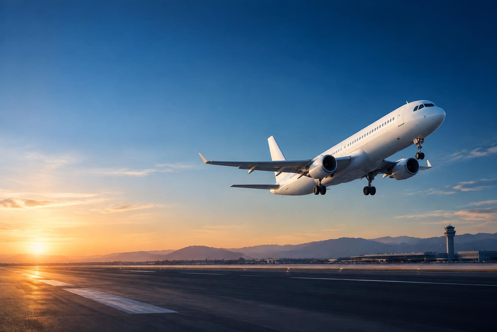 Passenger airplane taking off from an airport runway at sunrise